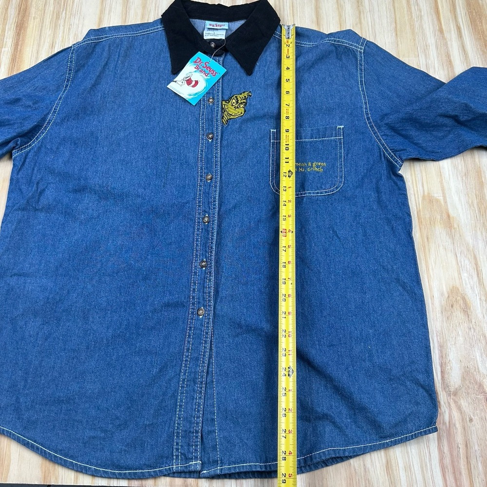Vintage Dr. Seuss The Grinch Embroidered Denim Shirt Large Christmas Deadstock - Picture 7 of 11